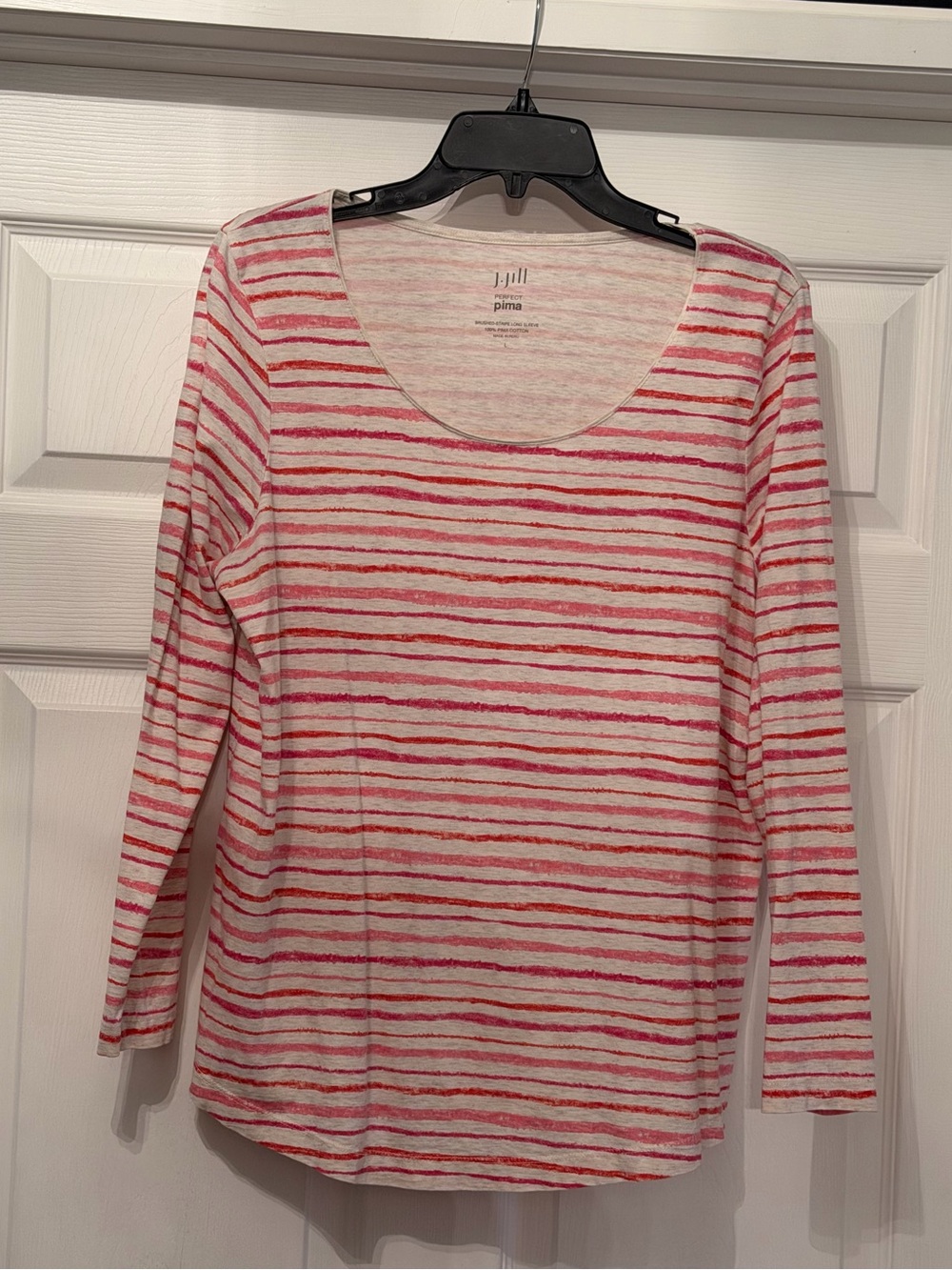 J. Jill Perfect Pima Brushed Stripe Long Sleeve T-shirt Red and Pink Size Large